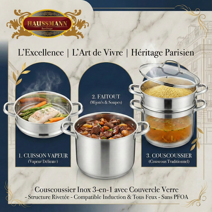 Haussmann Héritage® - Set 3 Pièces Couscoussier / Cuit Vapeur / Faitout| INOX Haute Qualité | Induction & Lave-Vaisselle
