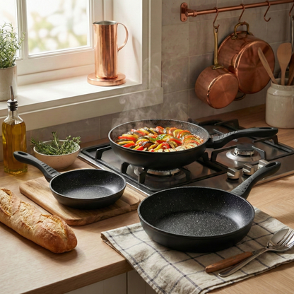 Haussmann Héritage® - Set 3 Poêles Antiadhésives (20/24/28 cm) | Revêtement StoneTech® 5 Couches | Induction | Poignée Ergonomique