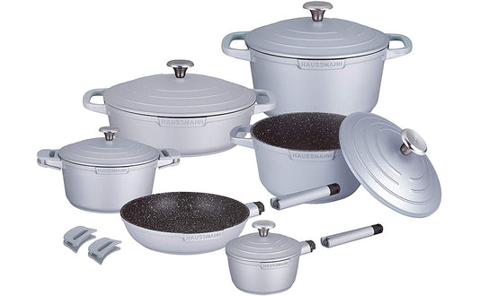 Haussmann Héritage-15pièces Batterie de Cuisine,Haute qualités Revêtement façon Pierre- sans PFOA- poignée Amovible－Tous Feux Dont Induction adapté au Four (Gris, 15pièces)