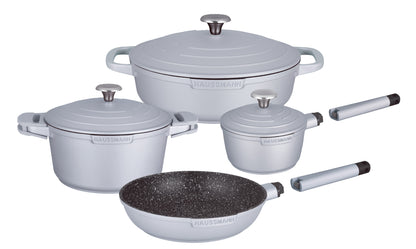 Haussmann Héritage- 9 pièces Batterie de Cuisine,Haute qualités Revêtement façon Pierre- sans PFOA- poignée Amovible－Tous Feux Dont Induction adapté au Four (Gris, 9 pièces)