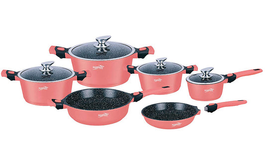 Haussmann Héritage-10 pièces Batterie de Cuisine avec poignée Amovible, Haute Qualité,Revêtement Pierre-sans PFOA (Rose)